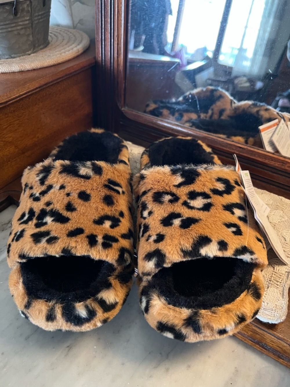 CROCS Leopard Print Fuzzy Slide Slippers in Tan and Black - Picture 2 of 6
